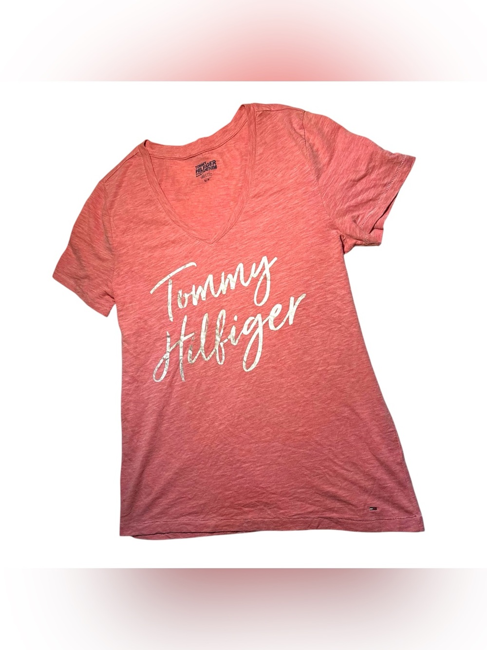 Y2K Tommy Hilfiger Coral V-Neck Script Logo Tee